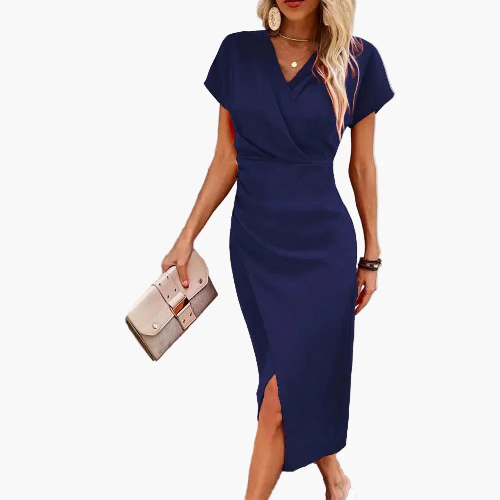 Robe Midi Élégante à Manches Courtes pour Femme Style Croisé Décontracté Idéale pour Soirée ou Bureau