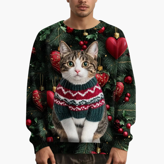 Sweat-shirt de Noël homme motif chat avec pull tricoté – Style festif et original