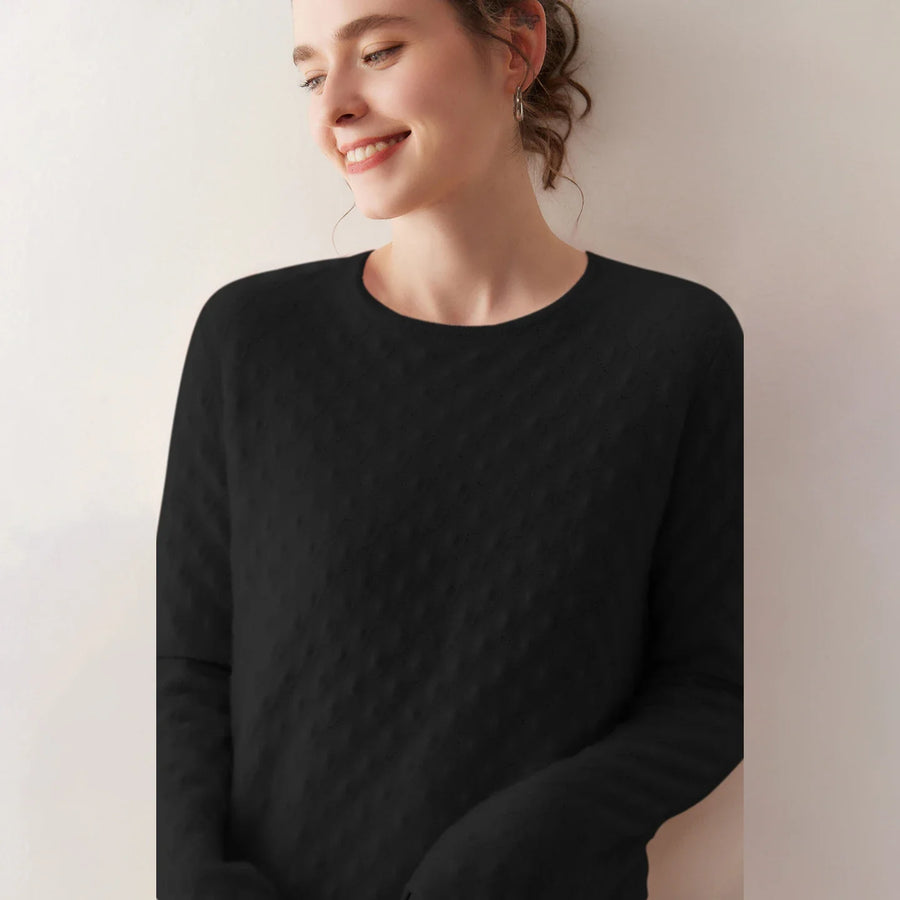 Maglione da donna con collo rotondo e delicato motivo testurizzato - Maniche lunghe, vestibilità rilassata