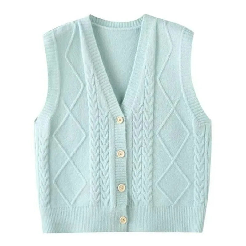 Gilet smanicato da donna in maglia lavorata a punto rasato con scollo a V e bottoni