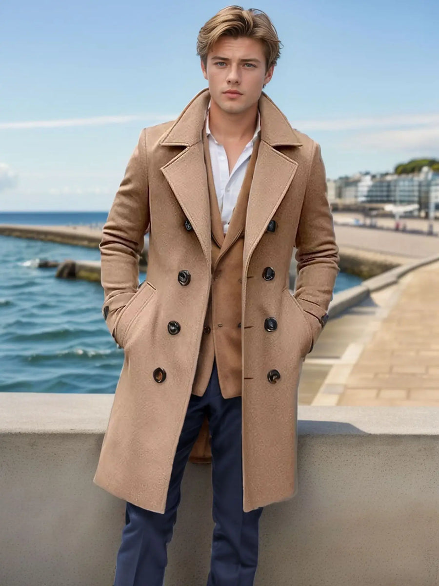 Manteau long homme croisé gris avec col large - Style classique élégant