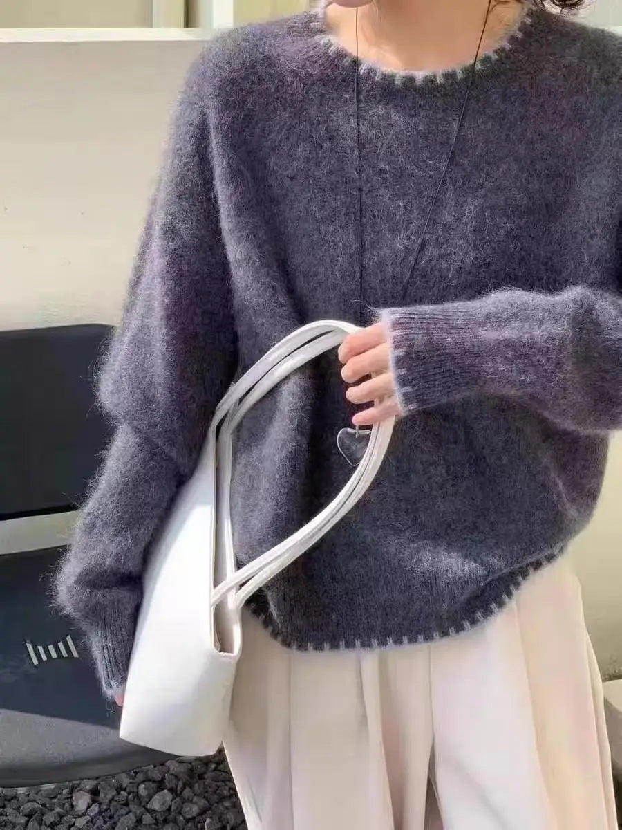 Jersey acogedor de cuello redondo y manga larga para mujer, gris claro