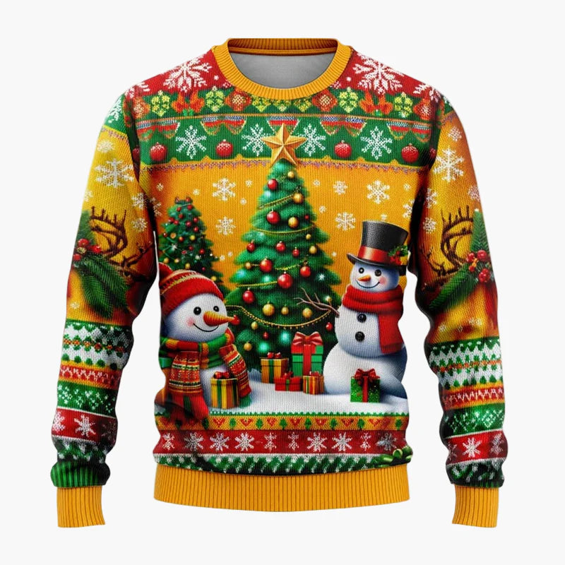 Unisex jultröja med fantasimotiv – Festlig scen med jultomte och snögubbe, perfekt för fester och presenter