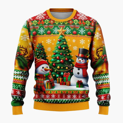 Unisex jultröja med fantasimotiv – Festlig scen med jultomte och snögubbe, perfekt för fester och presenter