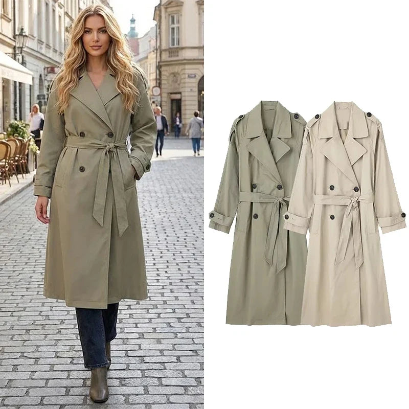 Langer Damen-Trenchcoat mit zweireihiger Knopfleiste und Gürtel in Khaki oder Beige