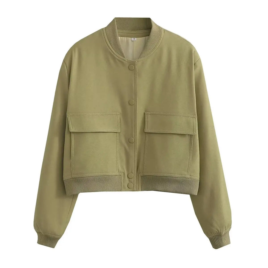 Kurze Damen-Bomberjacke mit Knopfleiste, Baseballkragen und aufgesetzten Taschen