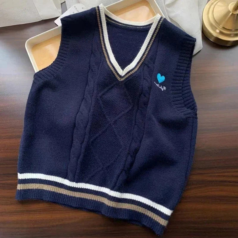 Gilet da donna senza maniche in maglia con scollo a V e motivi a trecce, stile preppy