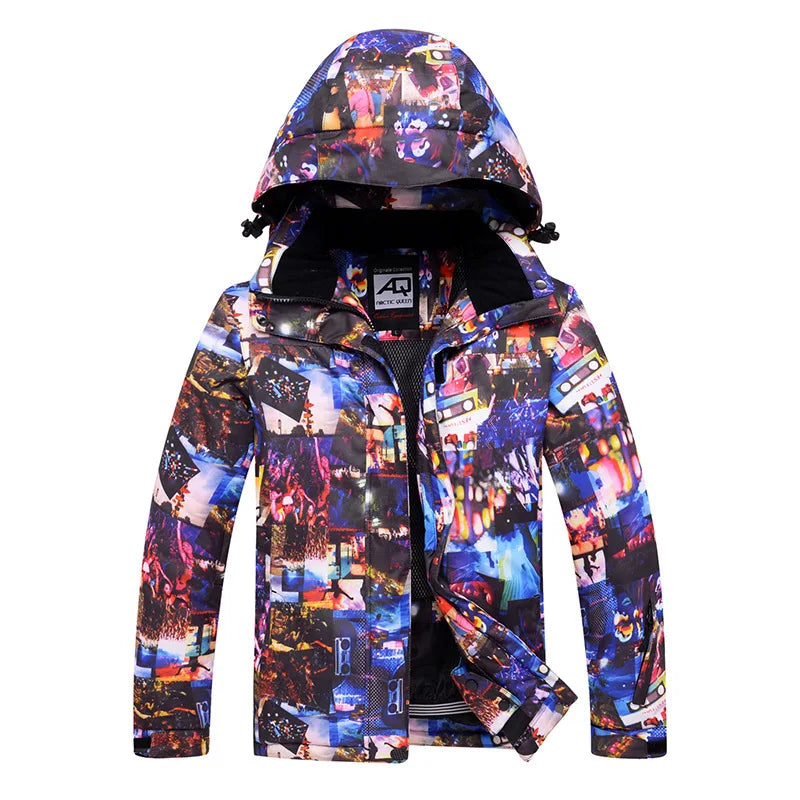 Veste de ski imperméable multicolore à capuche et motif abstrait pour sports d'hiver