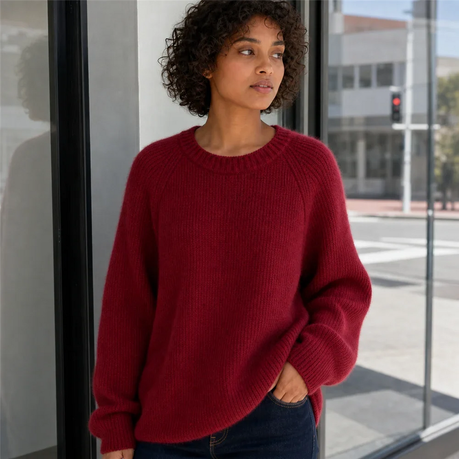 Jersey acogedor de cuello redondo y mangas raglán para mujer