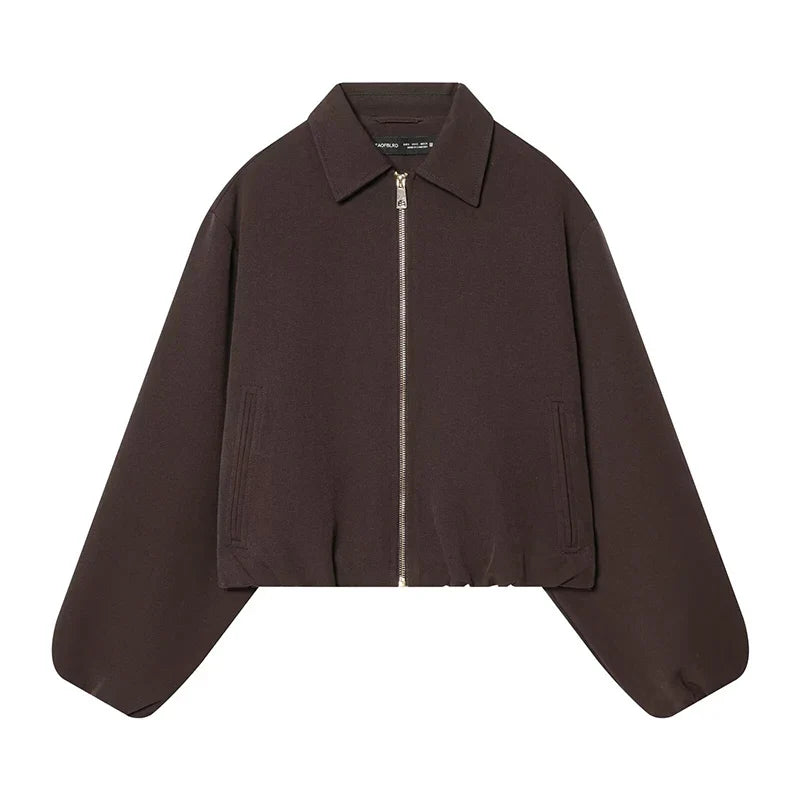 Blouson court femme décontracté à col chemise et manches amples