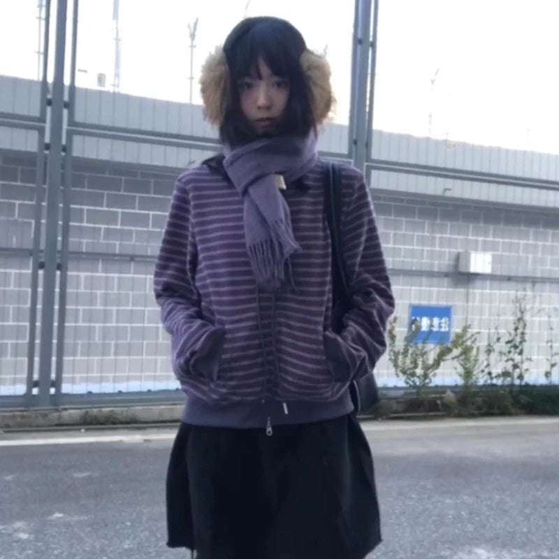 Women's Casual Purple and Charcoal Striped Zip-Up Hoodie