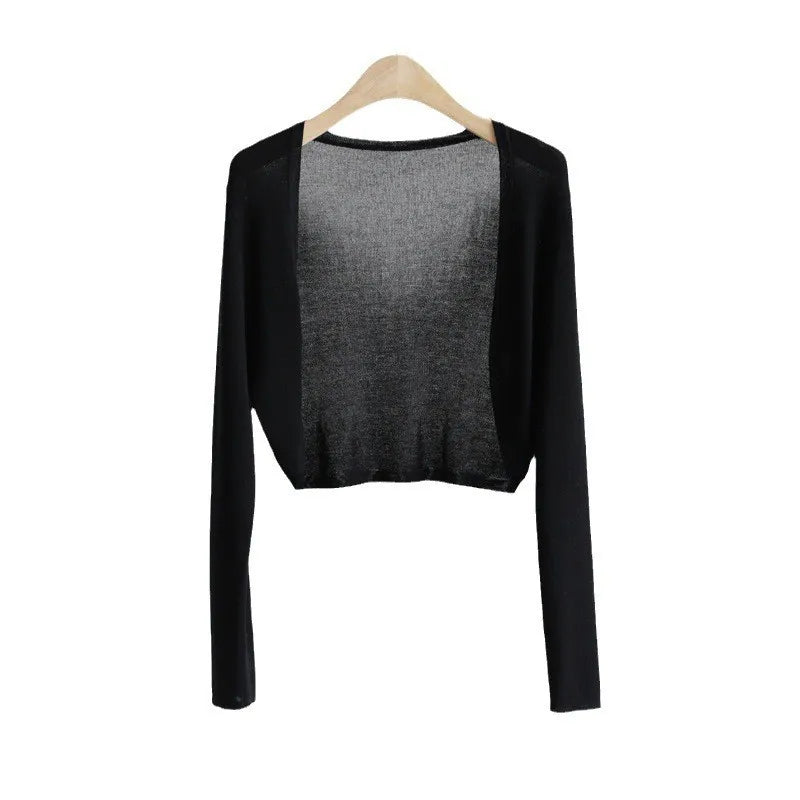 Gilet bolero corto da donna, leggero, tinta unita, aperto, a maniche lunghe