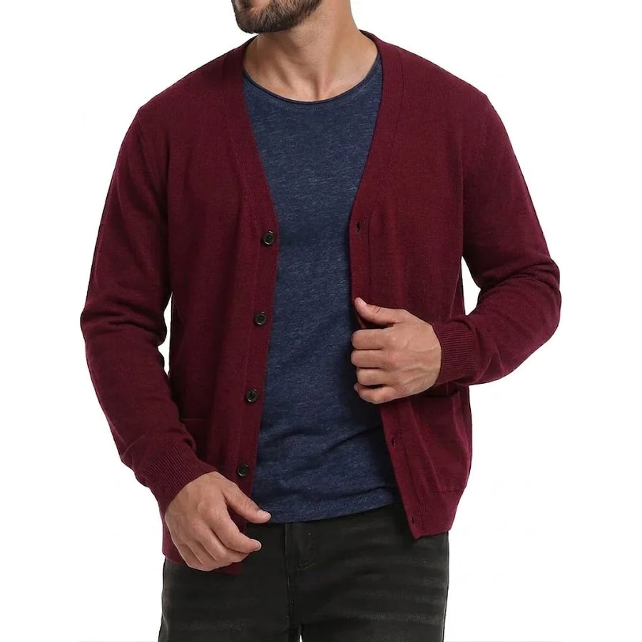 Cardigan da uomo con scollo a V, bottoni, lavorazione a maglia tinta unita, maniche lunghe e tasche