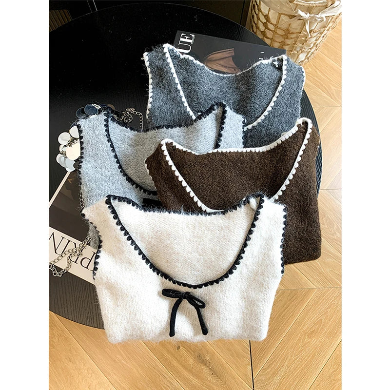 Chaleco de punto suave sin mangas con lazo decorativo