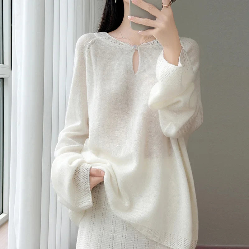 Pull en maille doux pour femme Col rond Manches longues Rose clair