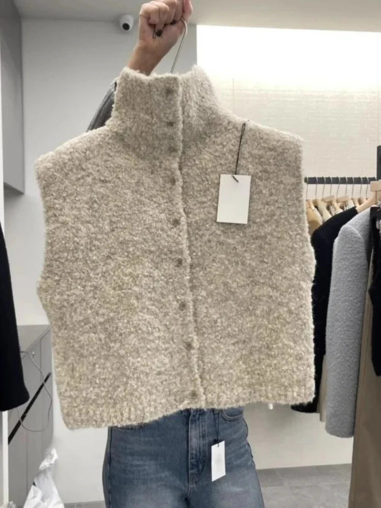 Damesvest zonder mouwen met structuur en opstaande kraag - beige, curry of wit