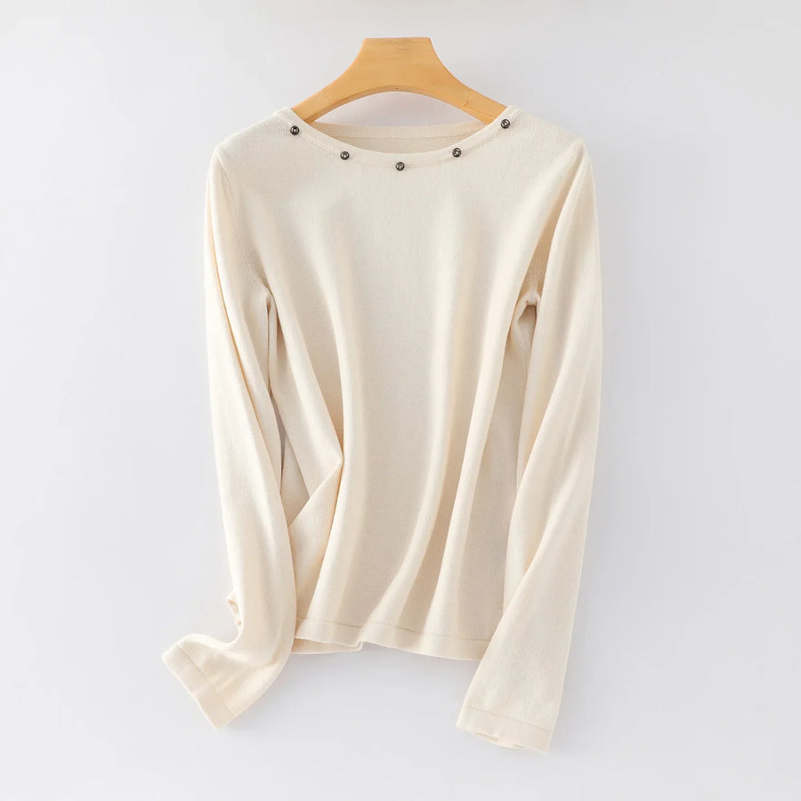 Women's fine-knit long-sleeve crew-neck top with metallic details