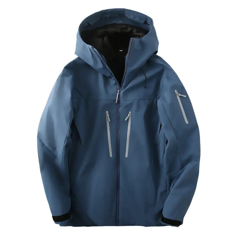 Giacca sportiva con cappuccio blu ardesia, molteplici cerniere e polsini regolabili