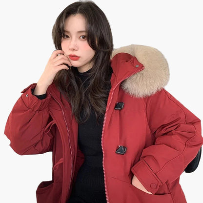 Abrigo de invierno grueso con capucha y piel sintética para mujer – Estilo casual y cálido