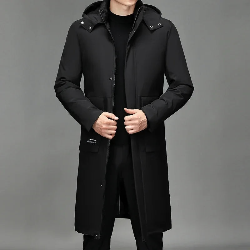 Manteau long à capuche pour homme noir matelassé uni
