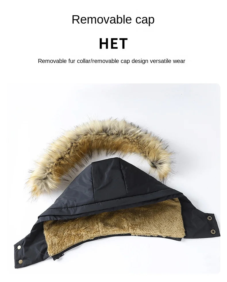 Warm Black Men's Winter Coat with Faux Fur-Trimmed Hood and Thick Lining