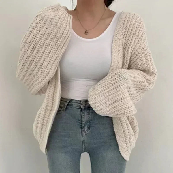 Cardigan ampio da donna in maglia spessa, con maniche a pipistrello, tinta unita