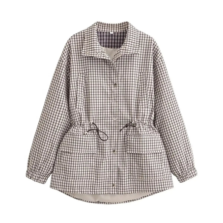 Veste légère femme à carreaux beige et noir avec cordon de serrage taille