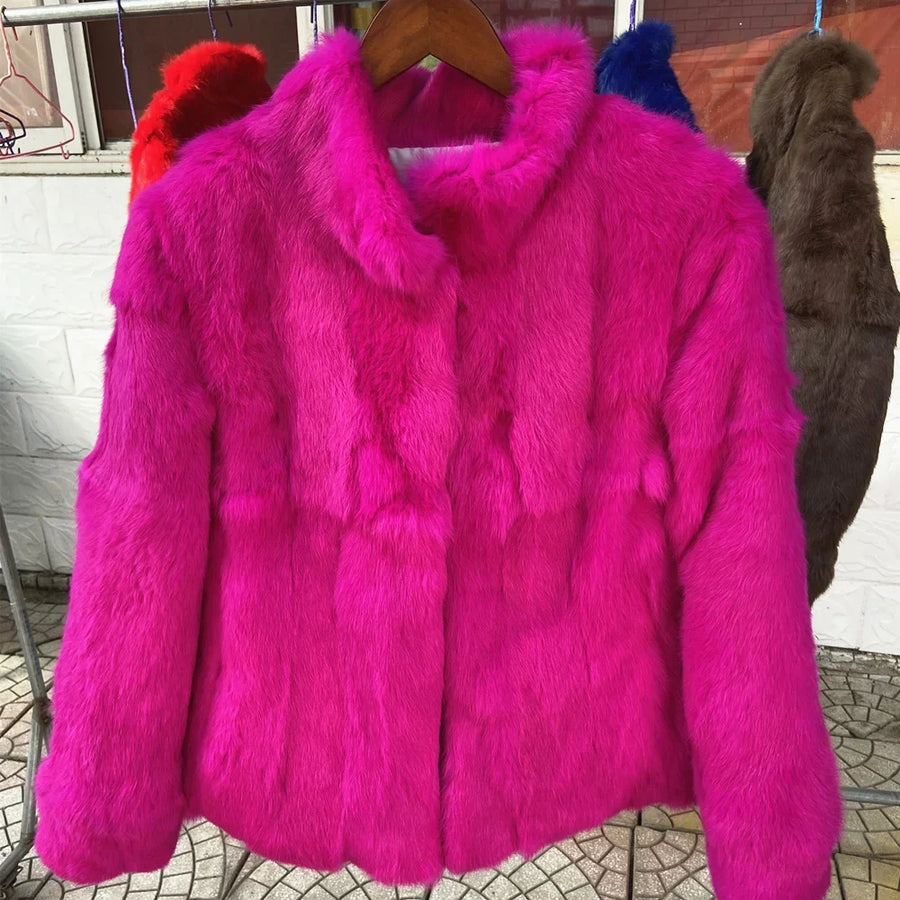 Veste courte femme en fourrure synthétique élégante, col montant, manches longues