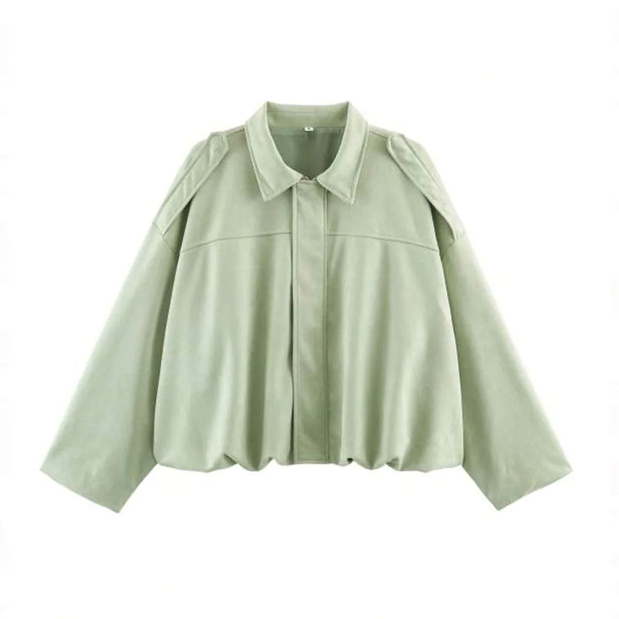 Cazadora corta de aviador de mujer de color liso, con cuello de solapa y mangas amplias