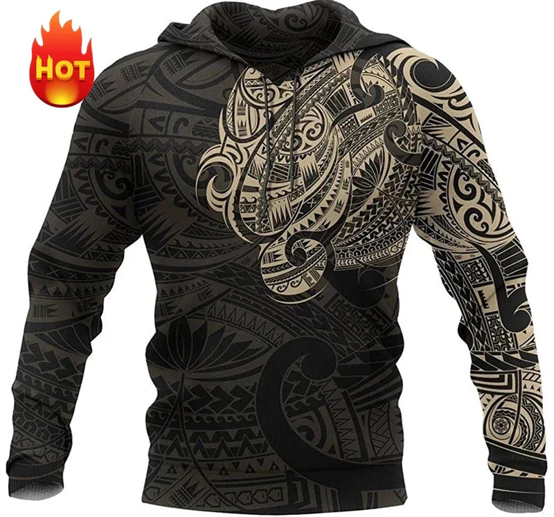 Printed tribal hoodie with sea turtle or manta ray motif, relaxed fit