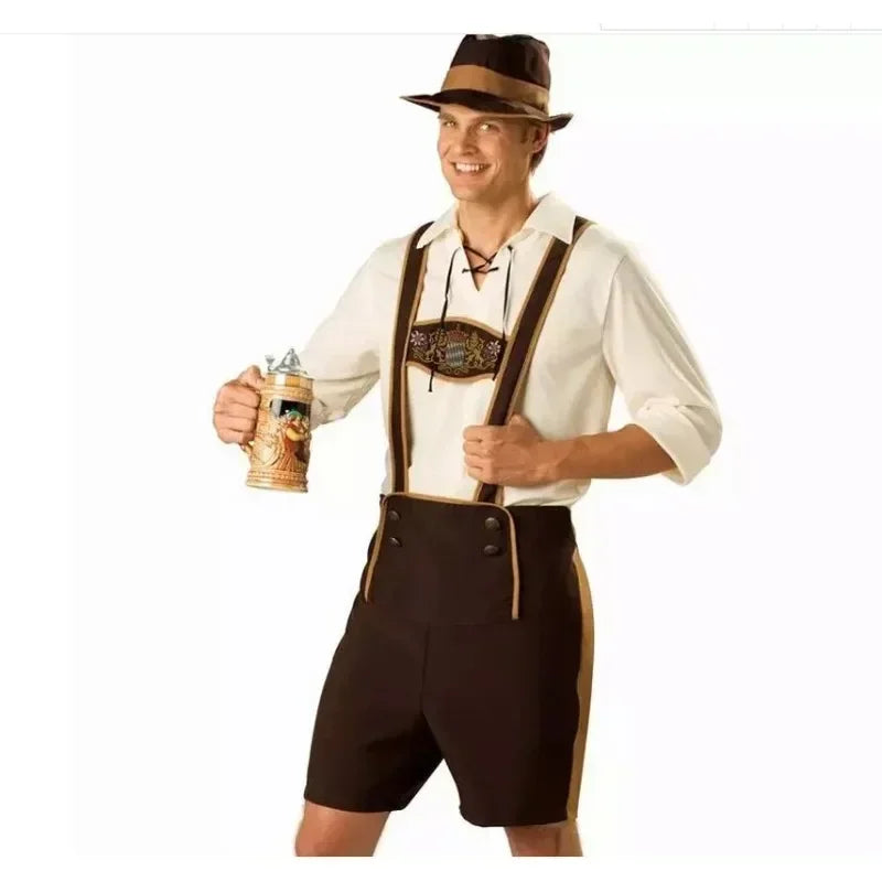 Complete Bavarian Men's Costume in Brown and White with Suspenders and Hat