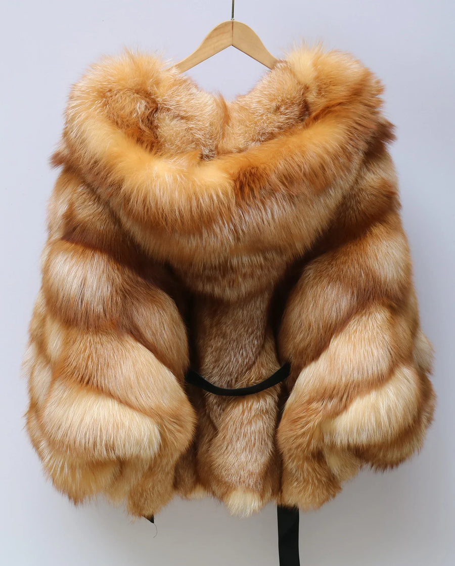 Cappotto caldo da donna con cappuccio in pelliccia sintetica, maniche lunghe e motivo a chevron