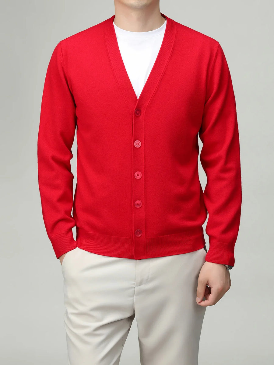 Chaleco cardigan ligero de color liso para hombre con cuello de pico, botones y mangas largas