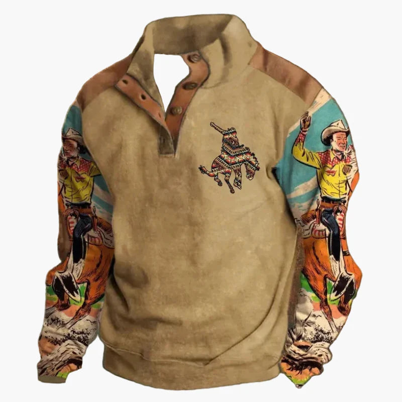 Sudadera para hombre estilo western vintage con estampado de vaquero, cuello alto, mangas largas – Ideal para el invierno y el ocio