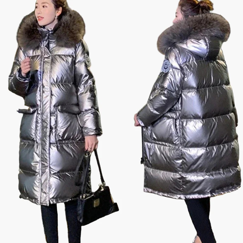 Abrigo acolchado largo para mujer estilo urbano chic con capucha de piel – Ideal para el invierno