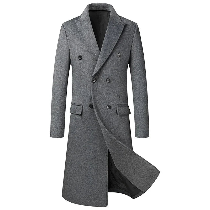 Abrigo largo gris para hombre con doble botonadura y estilo clásico