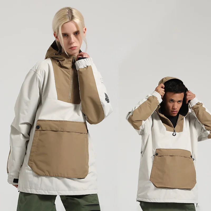 Damen-Anorak-Skijacke mit Kapuze, wasserdicht und winddicht, mit großer Fronttasche