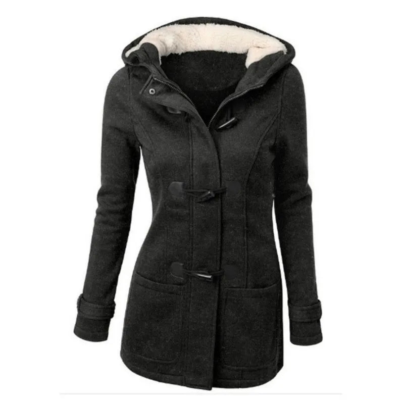 Duffle coat da donna nero con cappuccio foderato in pelliccia e alamari