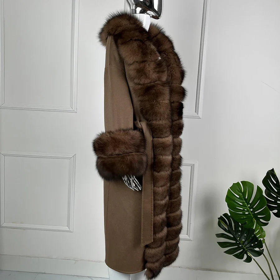 Manteau long femme marron avec col et poignets effet fourrure