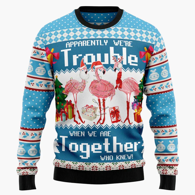 Unisex fantasijultröja i "Ugly Christmas Sweater"-stil med flamingos och humoristiskt budskap