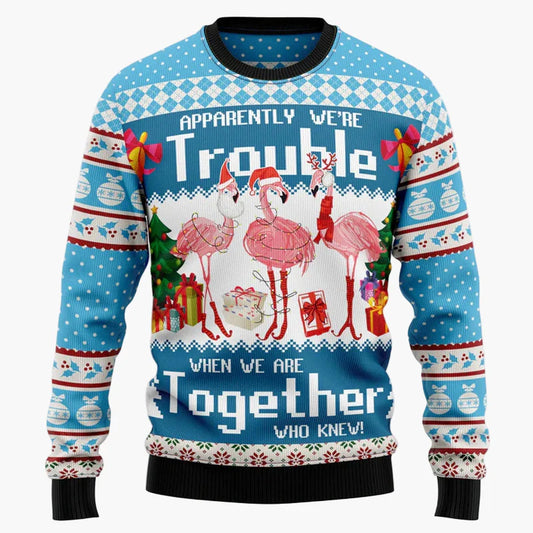 Unisex fantasijultröja i "Ugly Christmas Sweater"-stil med flamingos och humoristiskt budskap