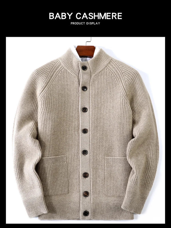 Men's beige knitted ribbed stand-collar button-up cardigan