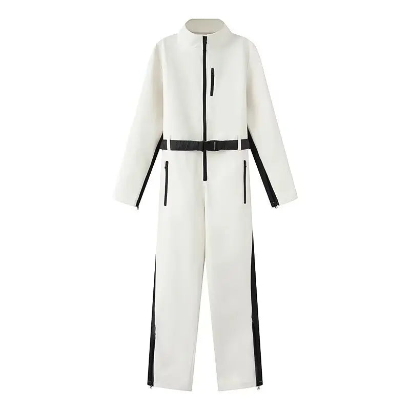 Women's quilted puffer jacket with a removable hood and gold elastic belt