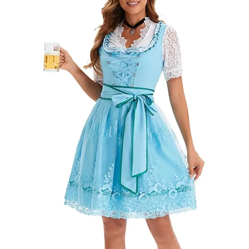 39BB ølkostume, dirndl, kjole, bluse, forklæde, tysk bayersk Oktoberfest-kostumesæt