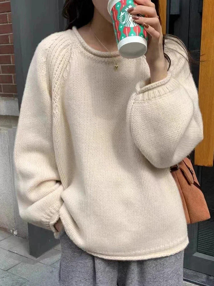 Pull ample à manches raglan et col rond en maille côtelée pour femme