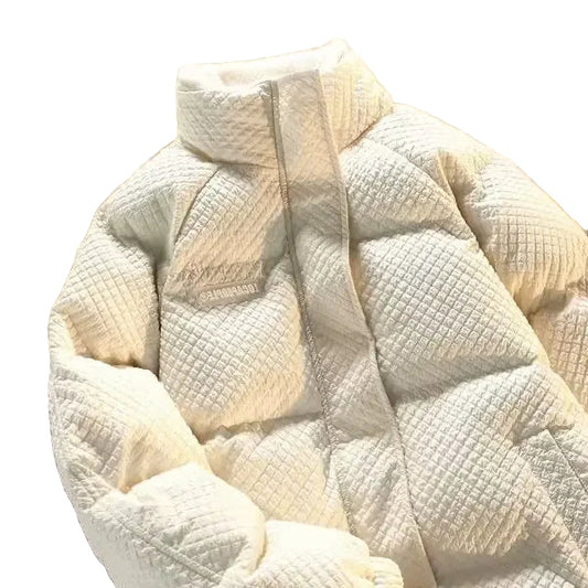 Casual unisex puffer jacket with a high collar, trendy style for winter