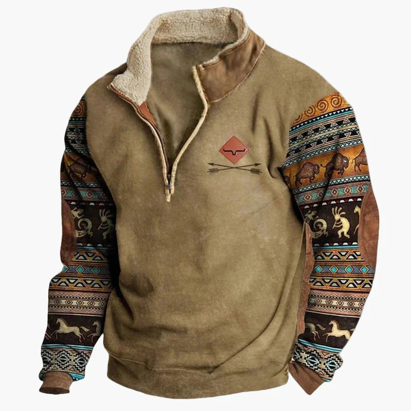 Sweat-shirt polaire homme style western à col zippé – Motifs ethniques et bisons