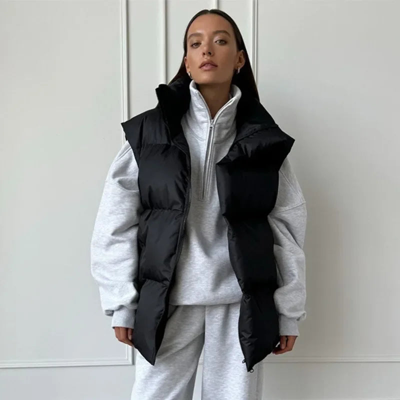Gilet piumino da donna senza maniche, imbottito, con collo alto, grigio