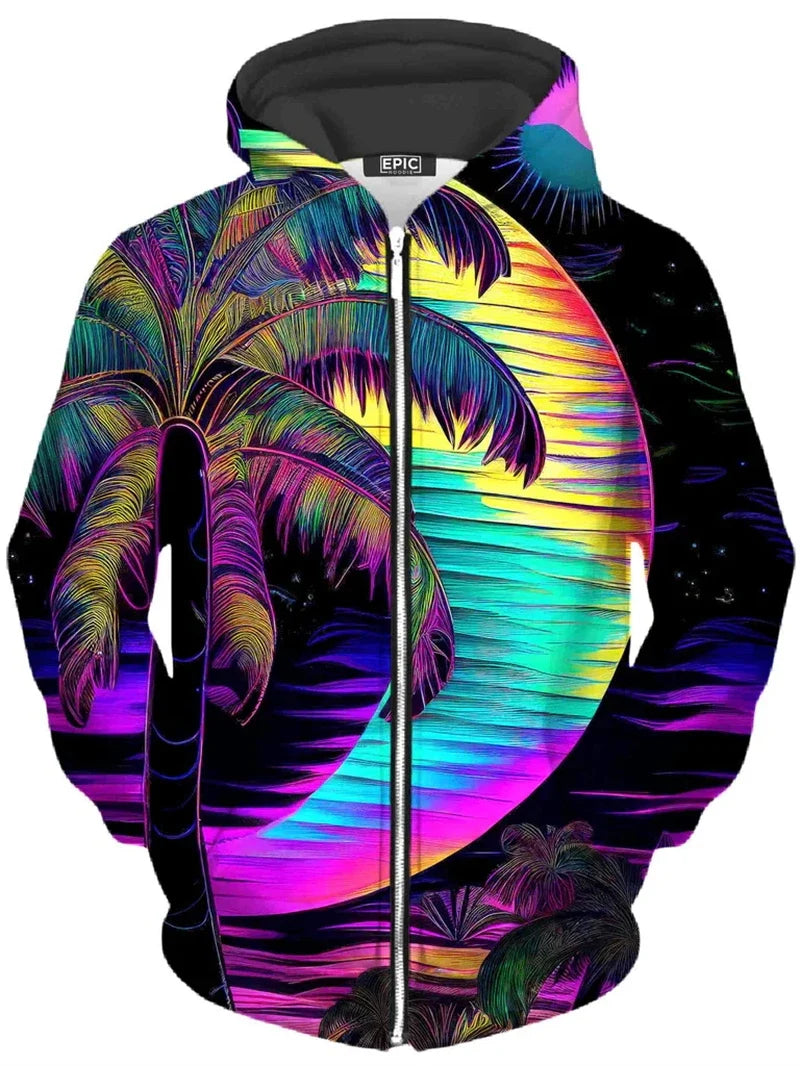 Felpa con cappuccio con zip e stampa grafica di albero e paesaggio colorati