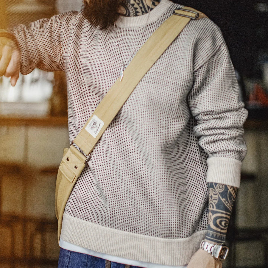 Pull homme col rond maille texturée couleur beige rosé